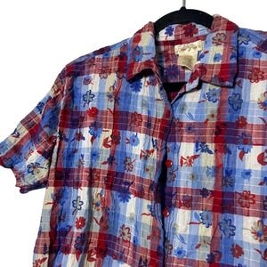 Vintage 80's 90's Bobbie Brooks Red Blue Plaid Floral Short Sleeve Button Up